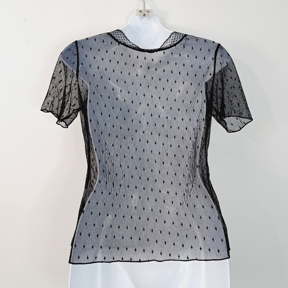 Unbranded Black Sheer Short Sleeve Swiss Dot Diamond Top‎ - Picture 4 of 6